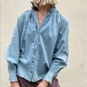 Closed Denim Chambray Button Down Top Ruffle Trim Detailing